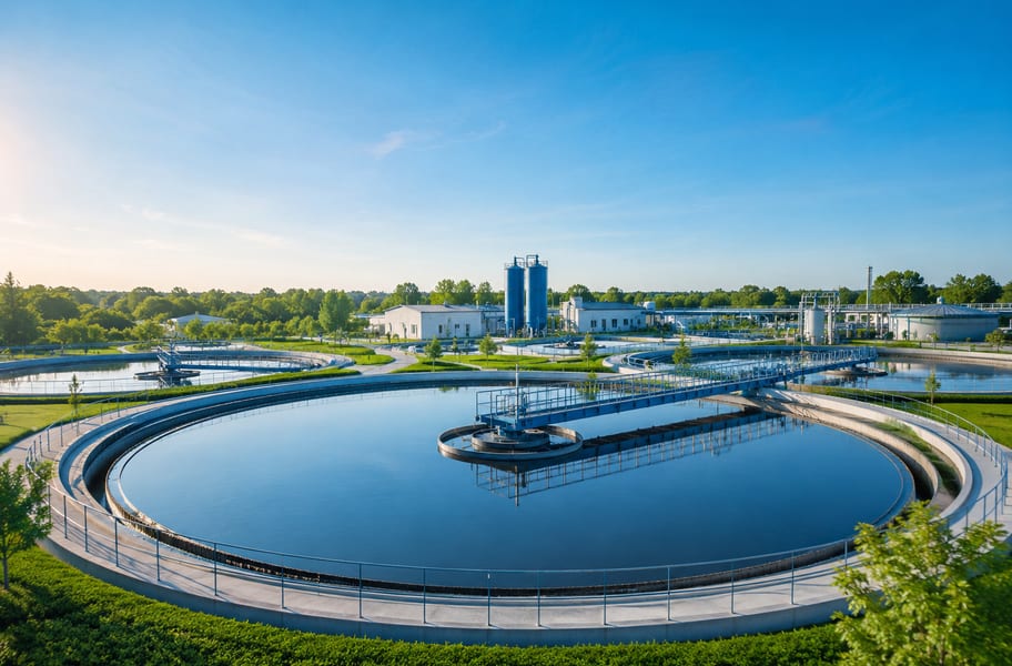 Pandangan udara instalasi pengolahan air lengkap dengan clarifier, silo, dan gedung proses.