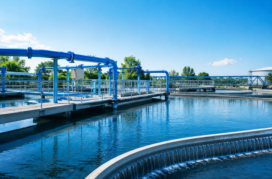 Bak clarifier dan jembatan pipa pada instalasi pengolahan air yang beroperasi normal.