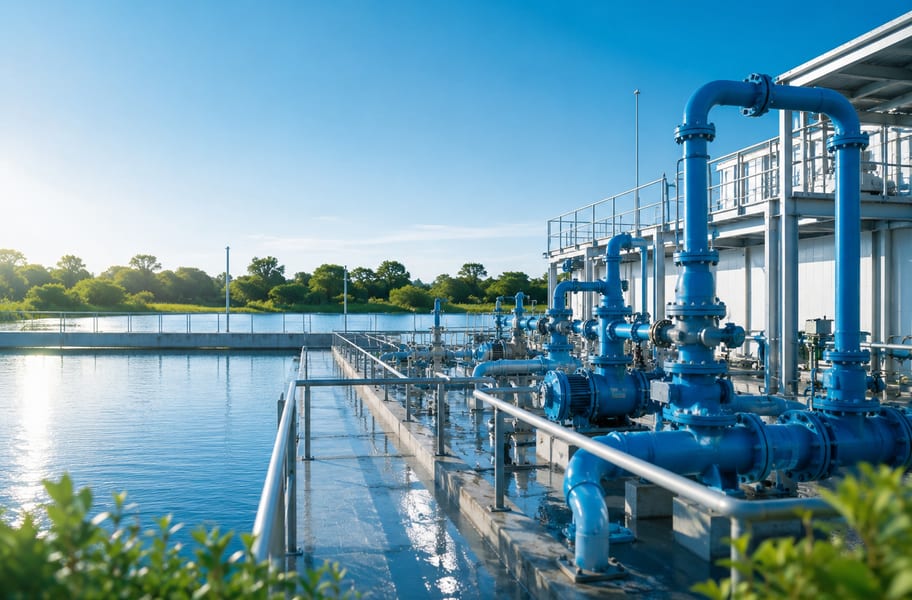 Deretan valve, flange, dan sambungan perpipaan pada instalasi pengolahan air.