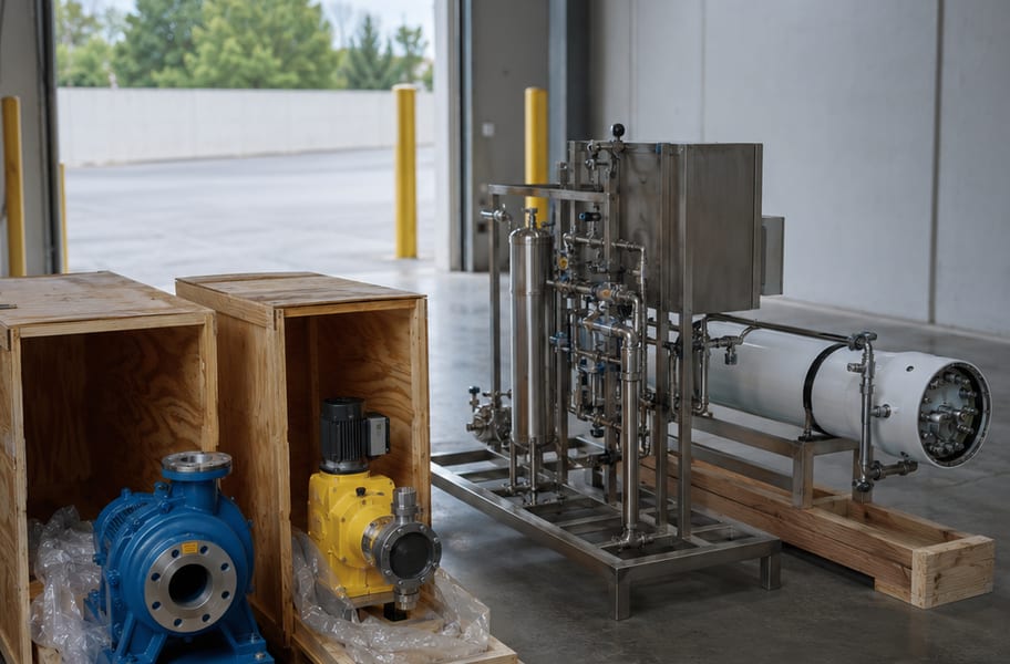 Pompa sentrifugal dan dosing pump dalam peti kayu bersiap dikirim di samping skid sistem reverse osmosis.